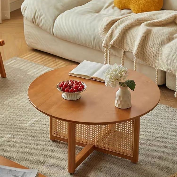 Modern Oriental Rattan Coffee Table – Solid Wood Round Tea Table for Small Spaces, Balcony, Living Room, or Guesthouse