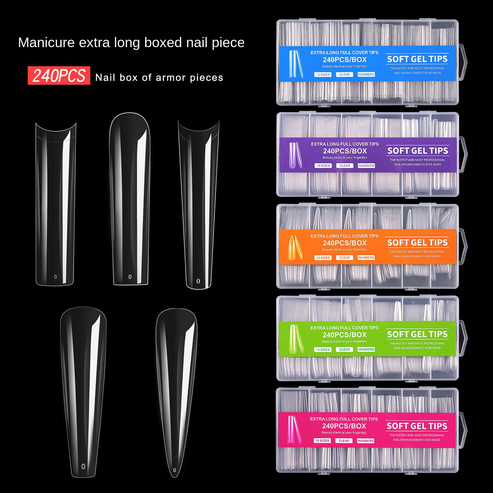 240 cái / hộp Móng tay giả ， Công cụ làm móng ống cực dài acrylic trong suốt đầy đủ bìa Mẹo làm móng UV Gel làm móng Công cụ