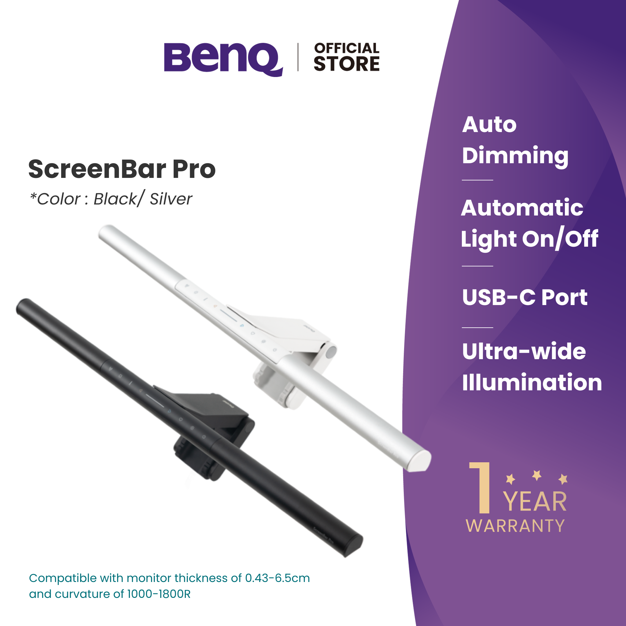 BenQ ScreenBar Pro｜Monitor Light ｜Bright and Ultrawide Illumination｜Auto On & Off｜Desk Lamp｜ Auto-Dimming