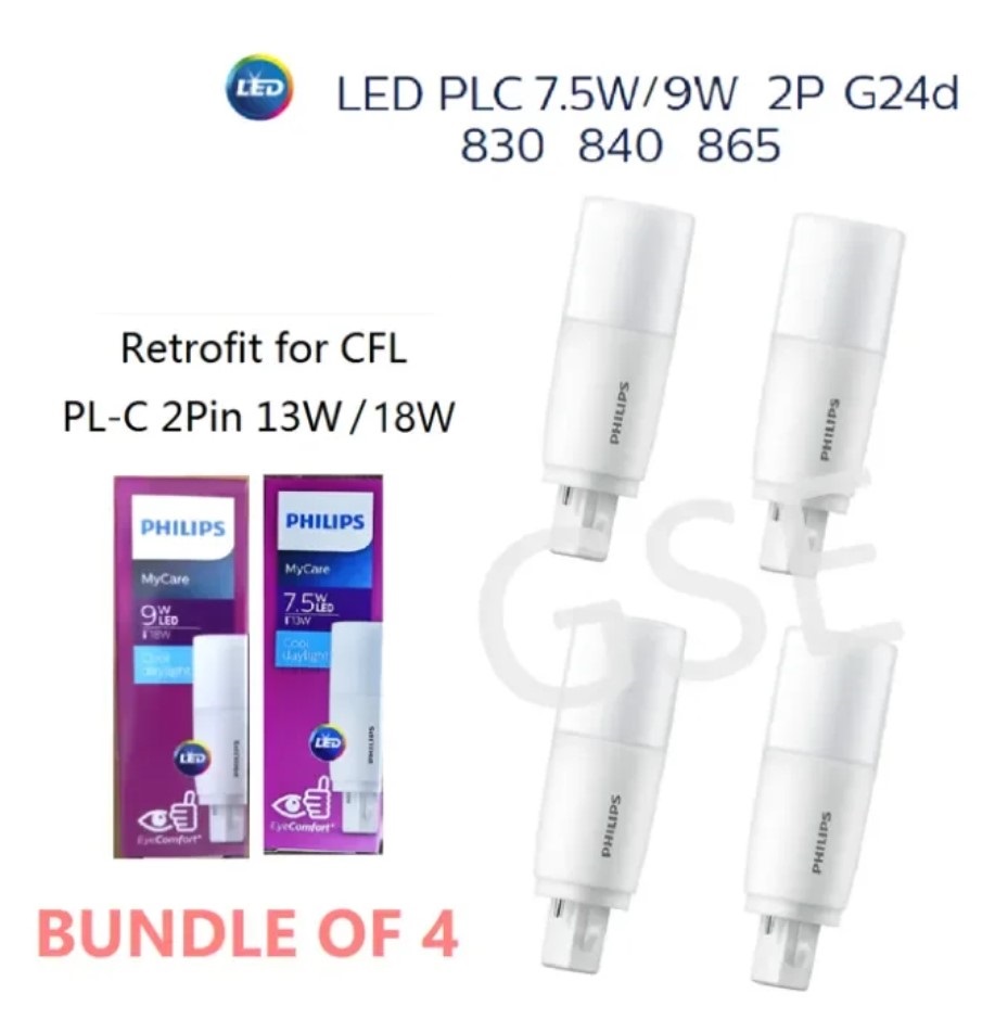 Bundle of 4 Philips LED PL-C PLC 2Pin G24D 6.5W 7.5W 9W MyCare Retrofit for Vertical PLC for 13W 18W PLC Fluorescent Tube