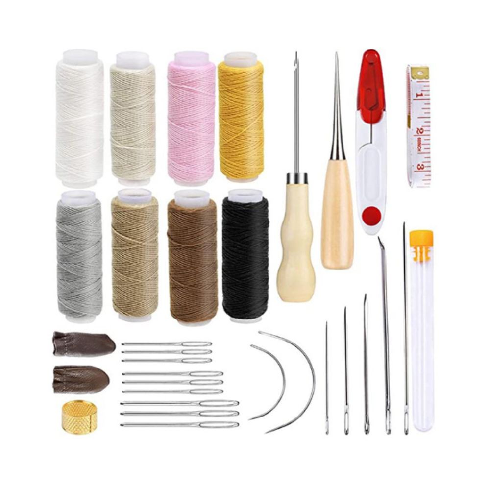 Leather Sewing Repair Kit Set Shoe Handmade with Awl Wax Thread Scissors Stitching Needles Thimble Home DIY Craft Tool
