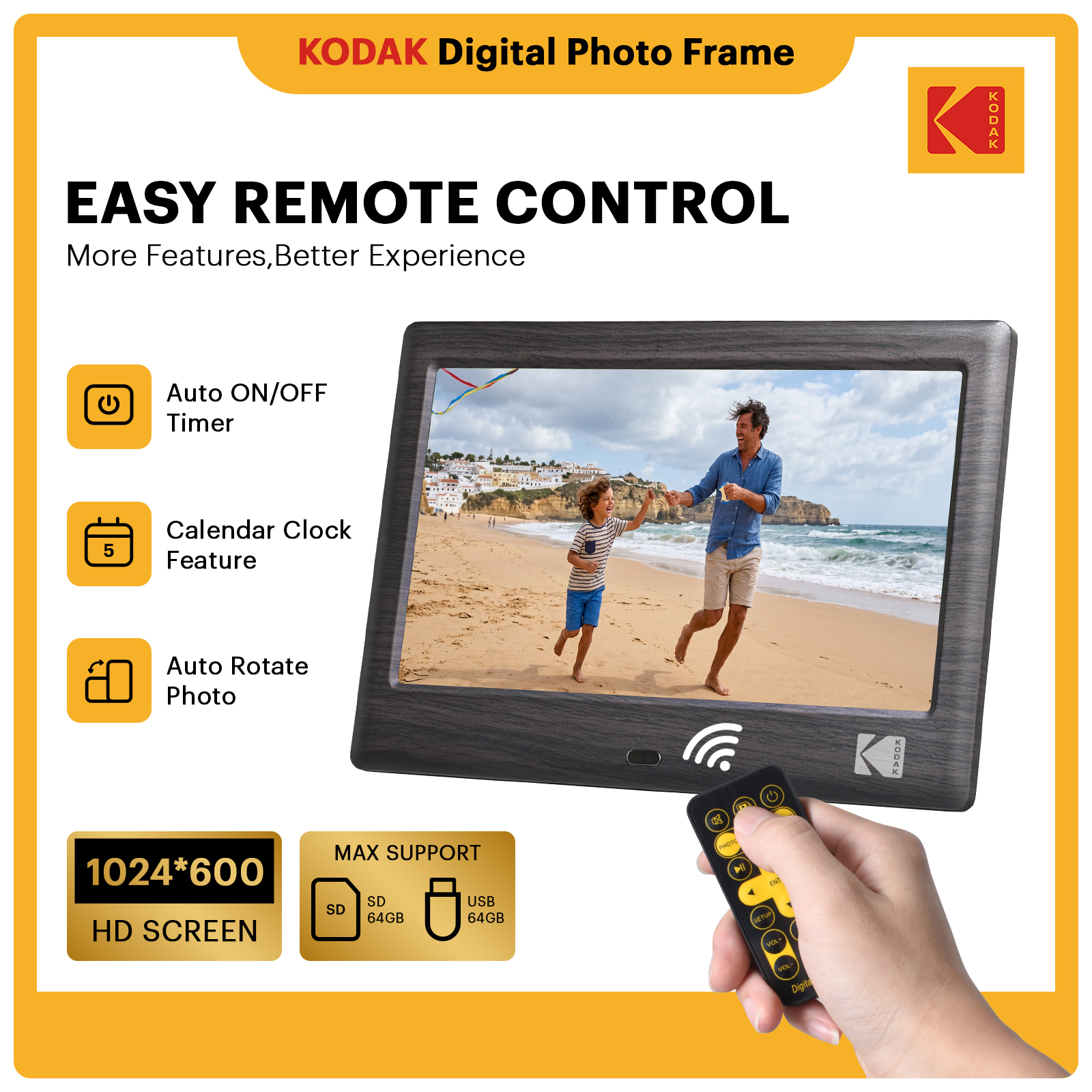 KODAK 7 Inch Digital Photo Frame Electronic Photo Frame IPS Screen Photo/Music/Video Player/Calendar/Alarm Supports USB or SD Card Automatic Rotating with Remote Control