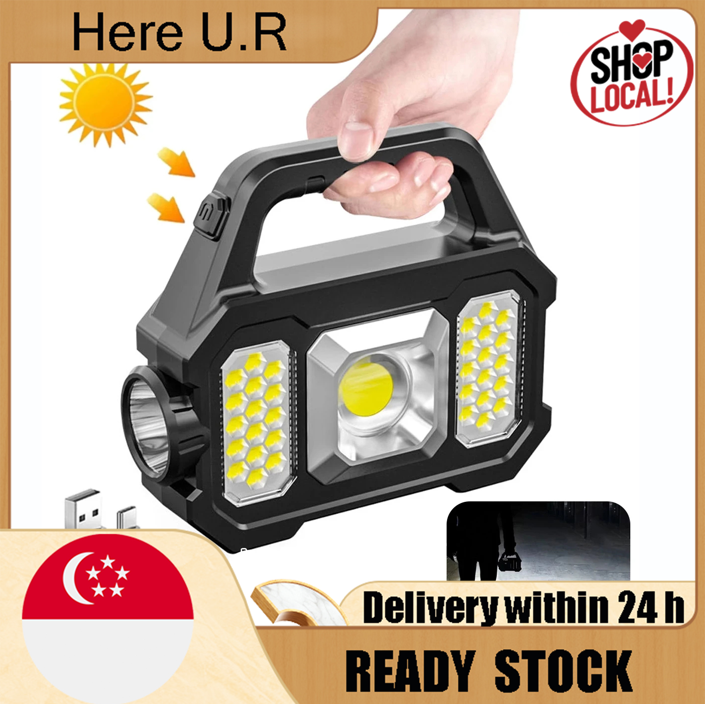 Portable Solar Lantern LED Flashlight With USB Charging Outdoor Super Bright Waterproof Emergency Light