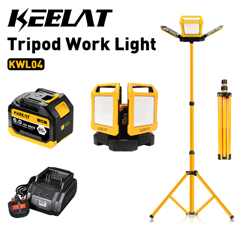 KEELAT KWL04 Portable Emergency Light Rechargeable Work Light 4-Head 6000 Lumens 7 Modes LED Light (with Tripod) – Ideal for Outdoor Camping and Construction Sites