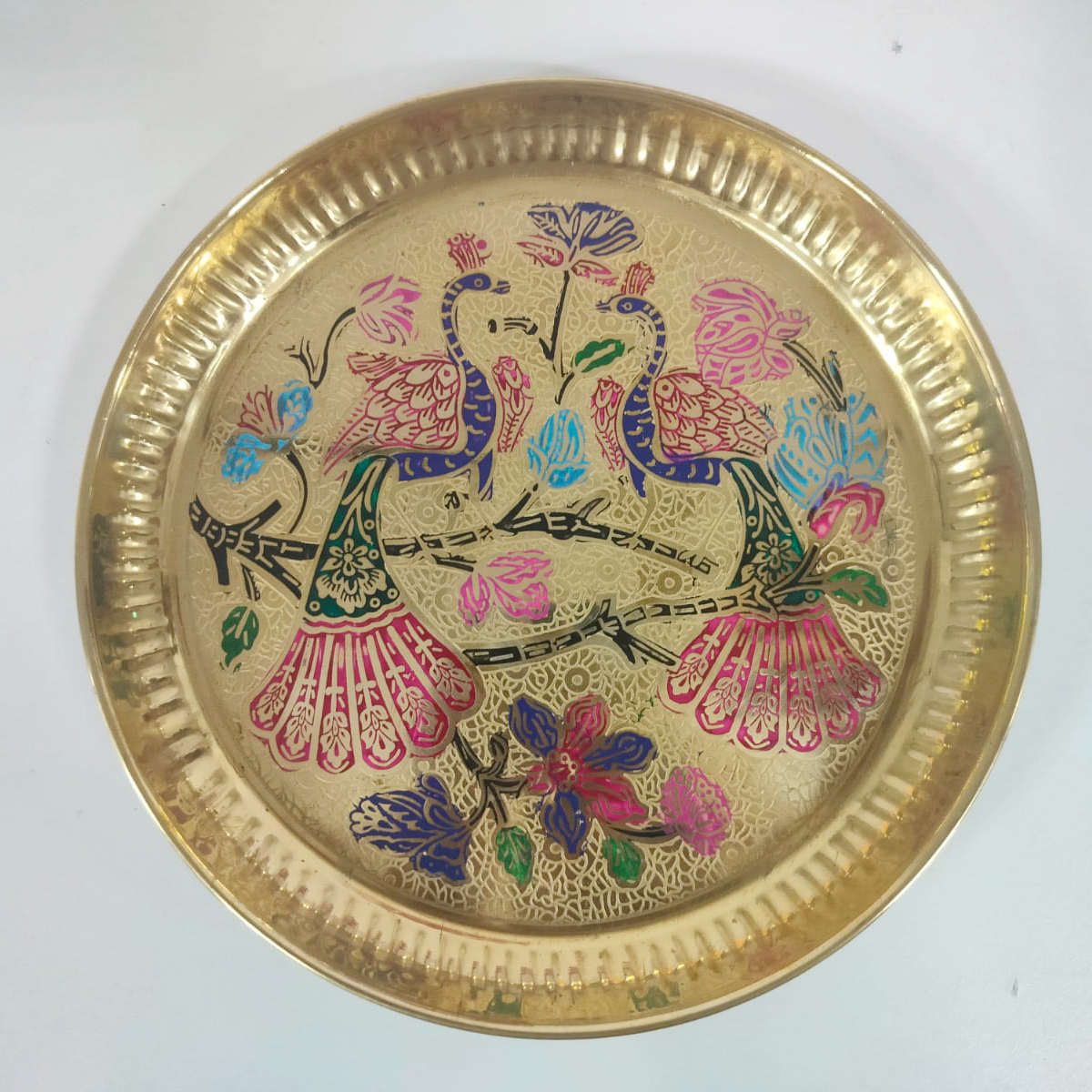 Traditional Brass Peacock Embossed Pooja Thali Plate | Elegant Temple & Home Decor | Perfect for Festivals Weddings & Daily Rituals (8 Inches 1 Pc)