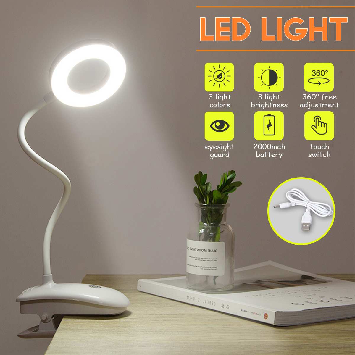 [LOCAL SELLER] LED Touch On/Off Switch 3 Modes Clip Desk Lamp 2000MAh Eye Protection Desk Light Dimmer Rechargeable USB Led Table Lamp
