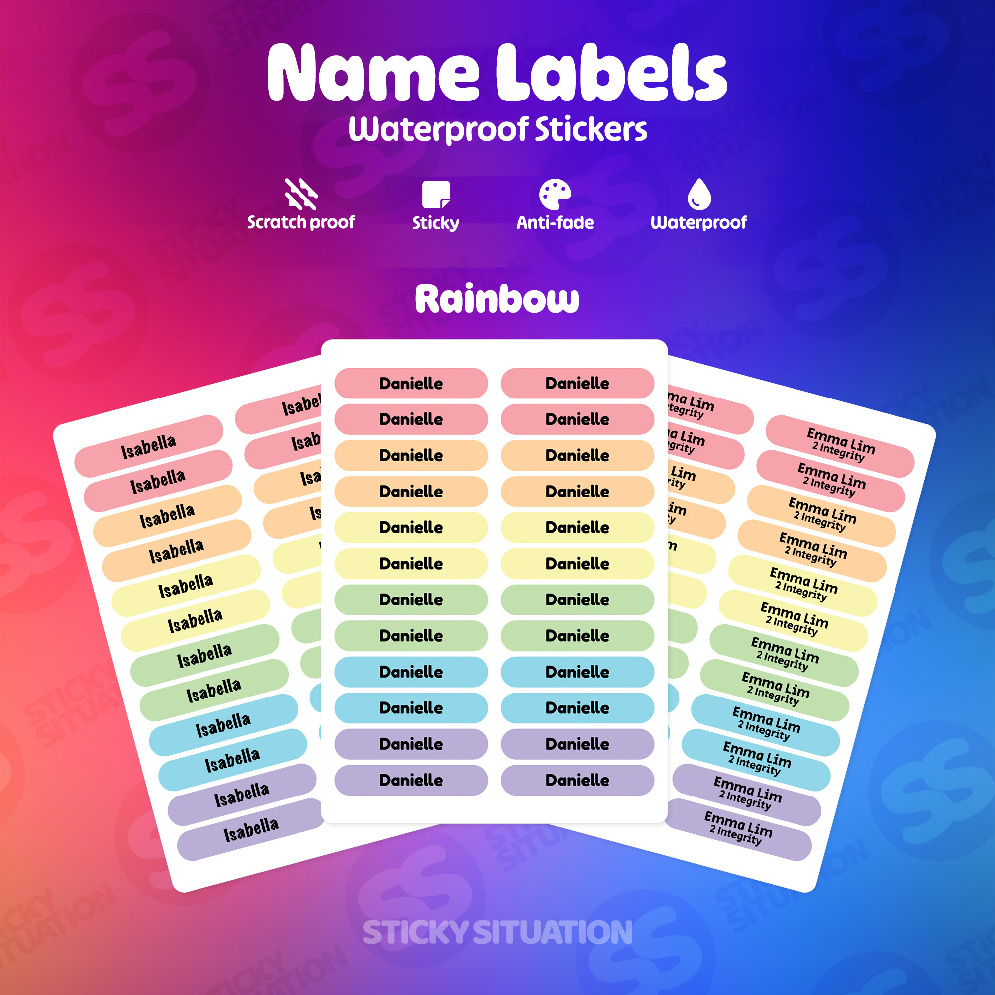 Rainbow Mini Custom Name Stickers – Waterproof Personalized Labels for Kids & School Supplies