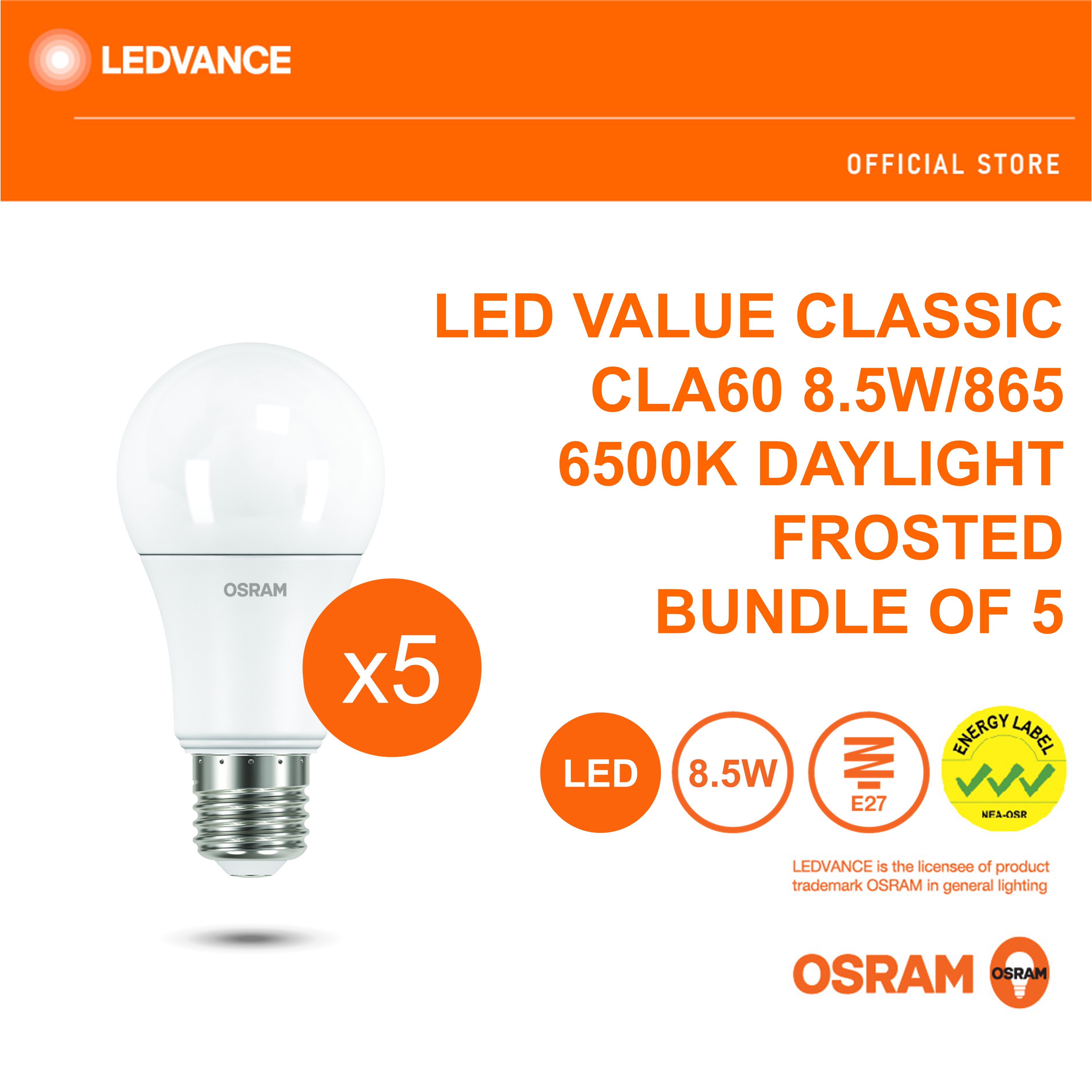 OSRAM LED Value Classic A60 8.5W Frosted E27 (2700K/6500K) (Bundle of 5)