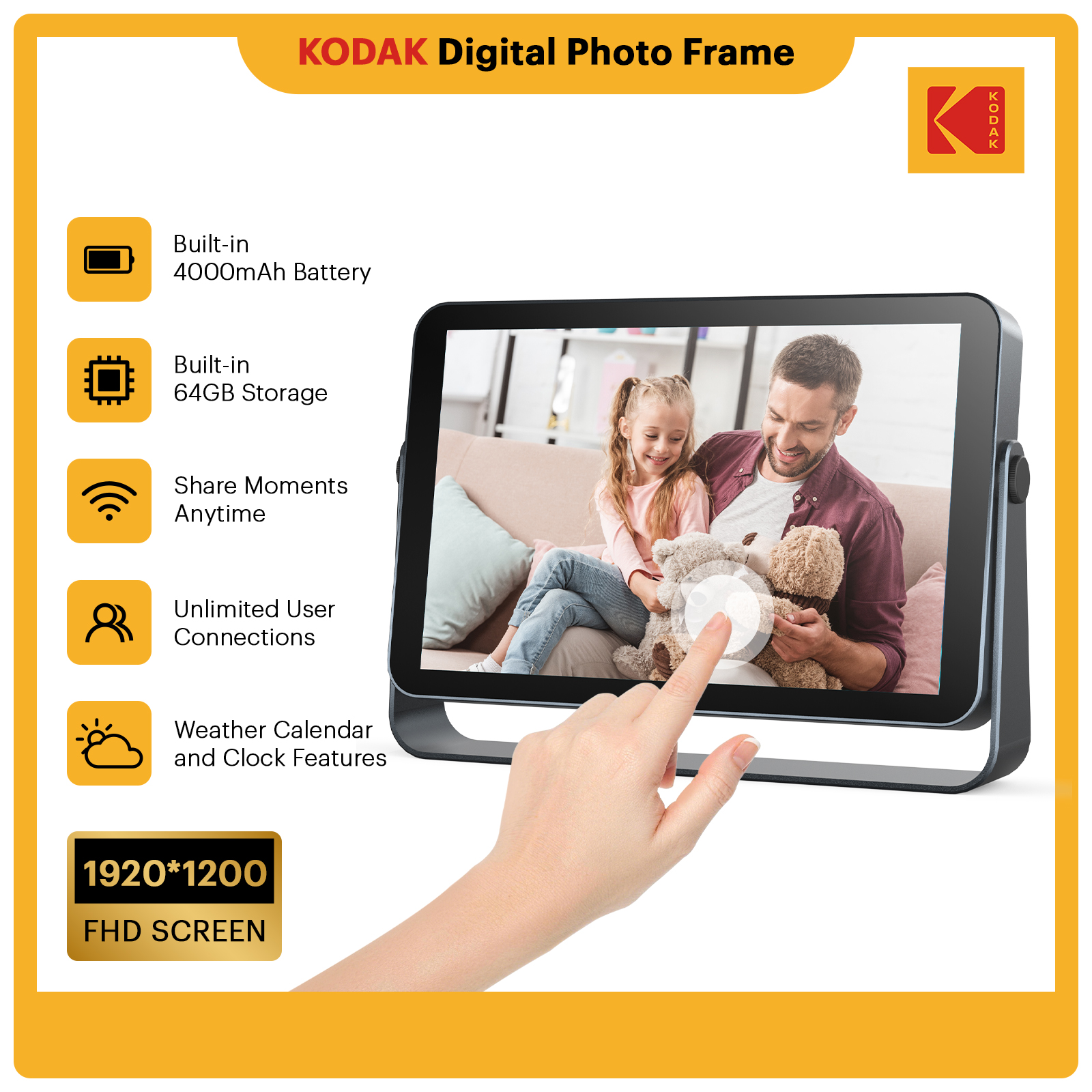 【One year warranty】 Kodak 10 Inch WiFi Digital Photo Frame with Rechargeable Battery1920*1200 FHD Touch Screen Wide Picture Screen Clear with 64GB Storage Share Photo Video Music via APP with Family Instantly