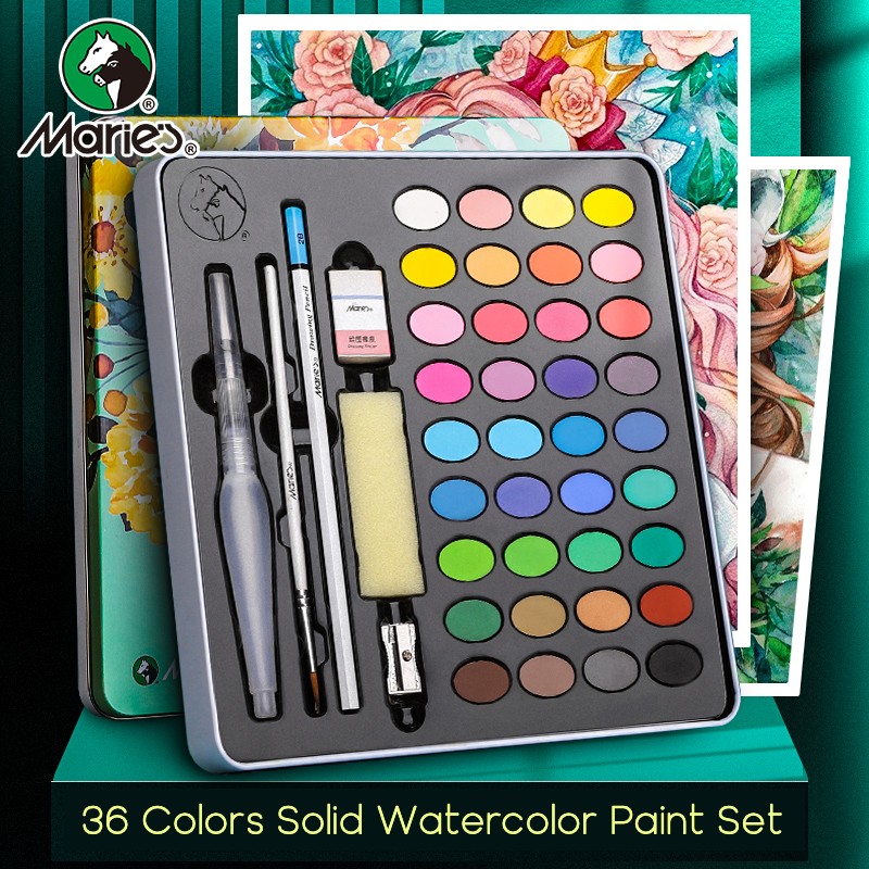 【Mi Art Supplies】Maries 36 Colors Solid Watercolour Paint Set with Portable Metal Box