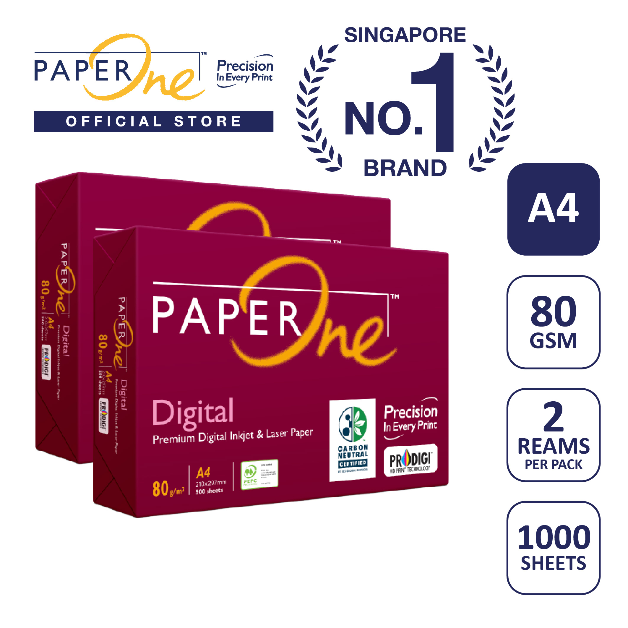 PaperOne™ Digital Premium Quality 85gsm / 80gsm Carbon Neutral Copy Paper A4 [2 Reams]