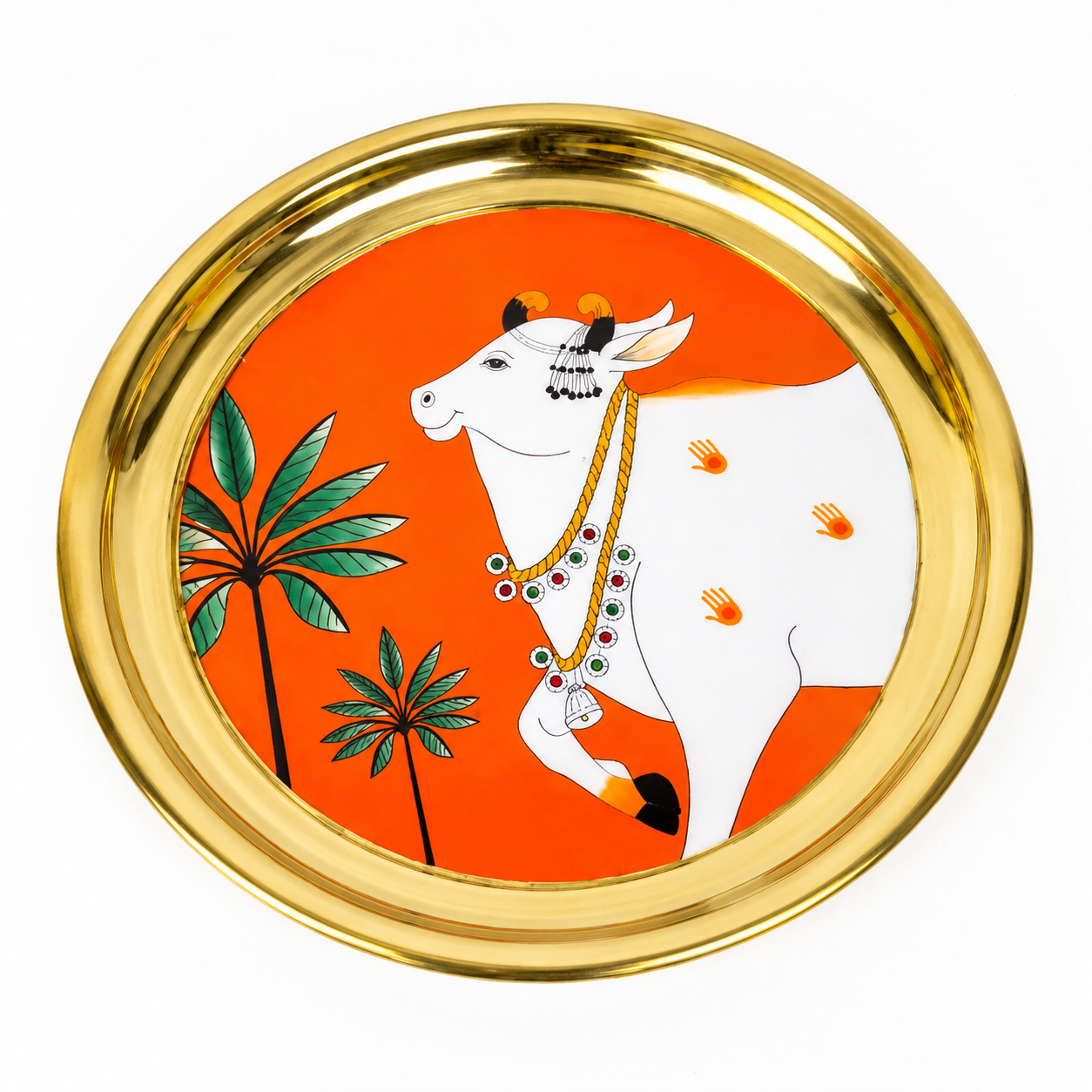 Pichwai Printed Brass Pooja Thali Plate | Decorative Brass Puja Plate for Aarti Temple Diwali & Festive Gifting (Size - 7.5 inches | Pack of 1 pc)