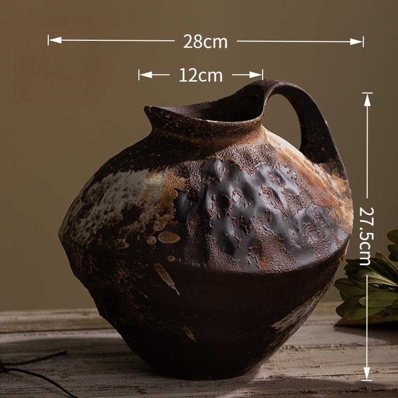 Povasa Vintage Black Ceramic Vase Living Room Flower Arrangement Entrance Zen Tea Room Hydroponic Vase Wabi-Sabi Style Ceramic Pot Ornament