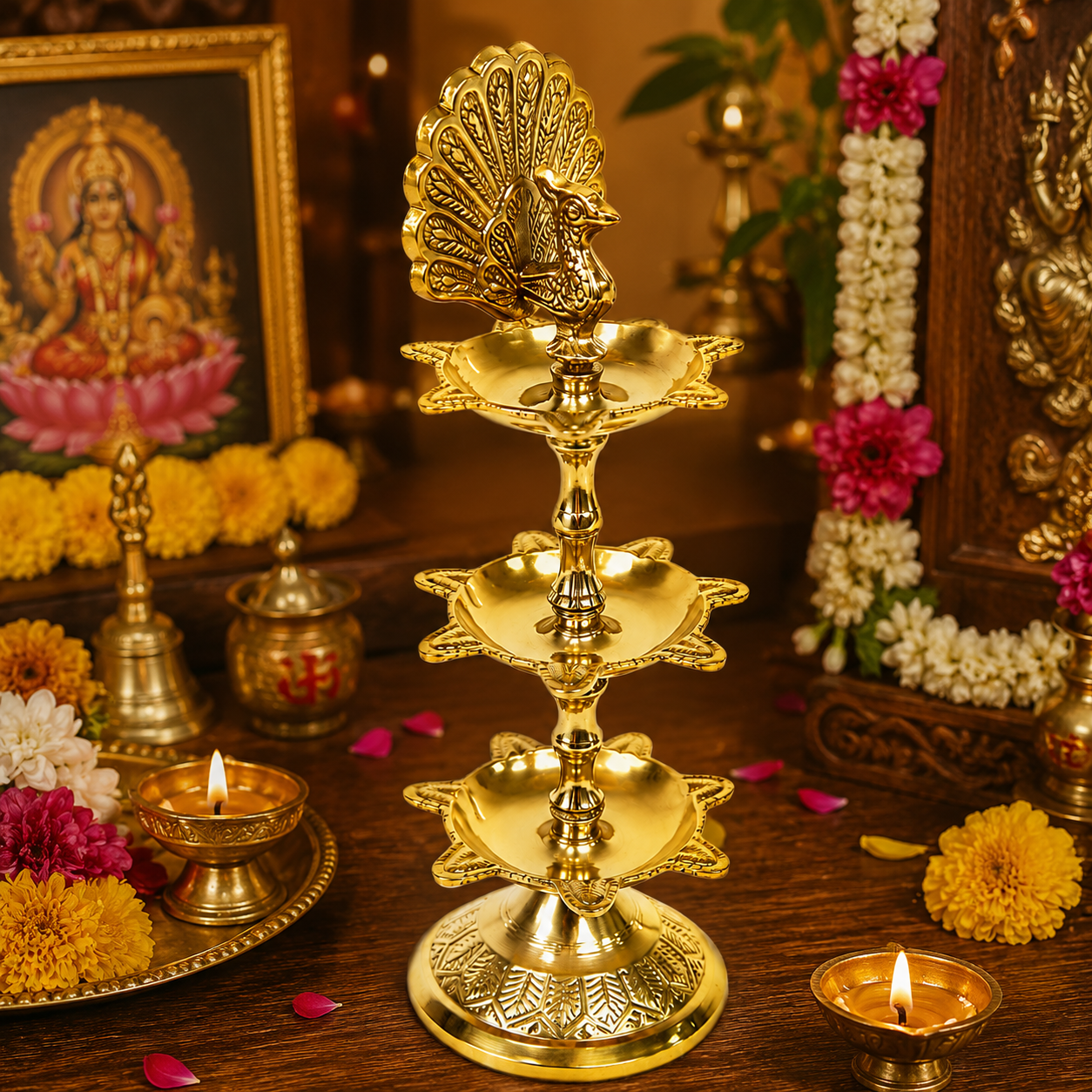 Brass Punch Mahel Diya 2 and 3 Step with Peacock Design | Traditional Pooja Oil Lamp for Home Temple Festivals & Auspicious Ceremonies (Pack of 1 Pc)