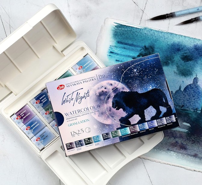 White Nights watercolor pans cardboard box 12 colors Metamorphosis /12 Full Pans Granulating Colors plastic box by Nevskaya Palitra