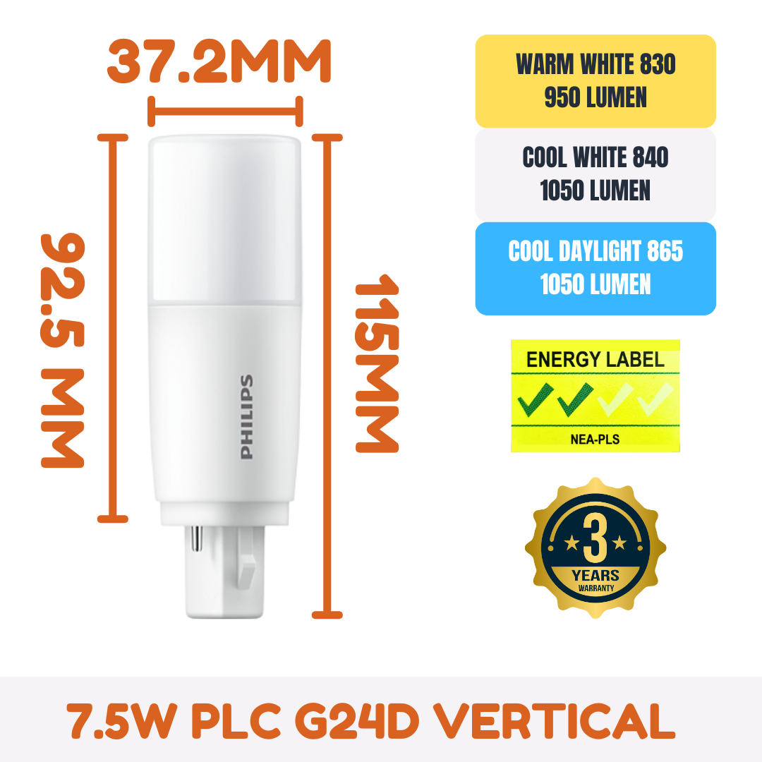 [3 Year Warranty] Philips LED Vertical PLC PL-C G24D 9w 7.5W Light Bulb Warm White Cool Daylight