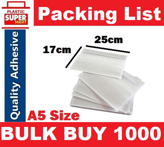 BULK BUY 1000【PACKING LIST】 17cm x 25cm Adhesive Clear Envelopes | Waterproof Plastic Poly Shipping labels Peel and Seal Pouches Bag for protecting invoices receipts and documents mailing packing Slip