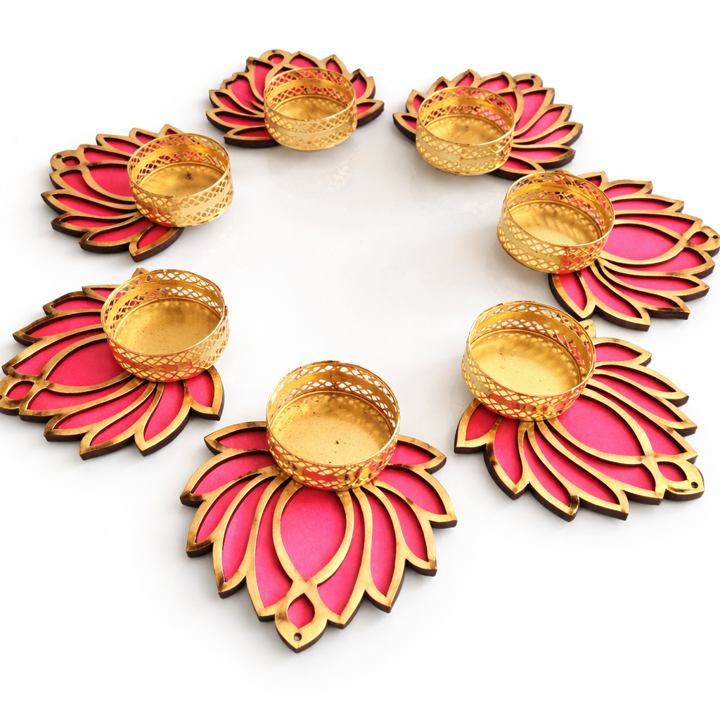 Traditional MDF Lotus Tealight Holder | Handmade Flower Diya Base for Diwali Pooja & Festive Décor | Reusable Candle Stand for Home & Gifting (1 Pc)