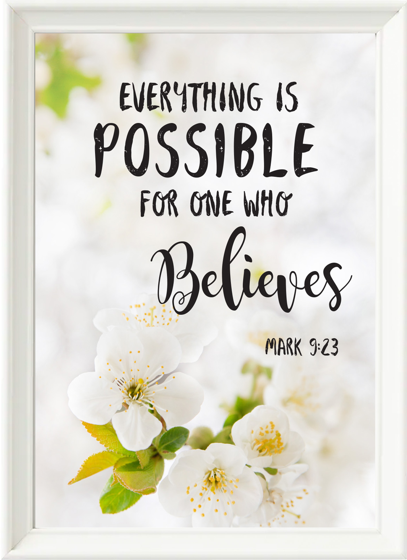 ❮SG Seller❯ Christian Bible Verse Framed Wall Art Gift in White Frame Mark 9:23