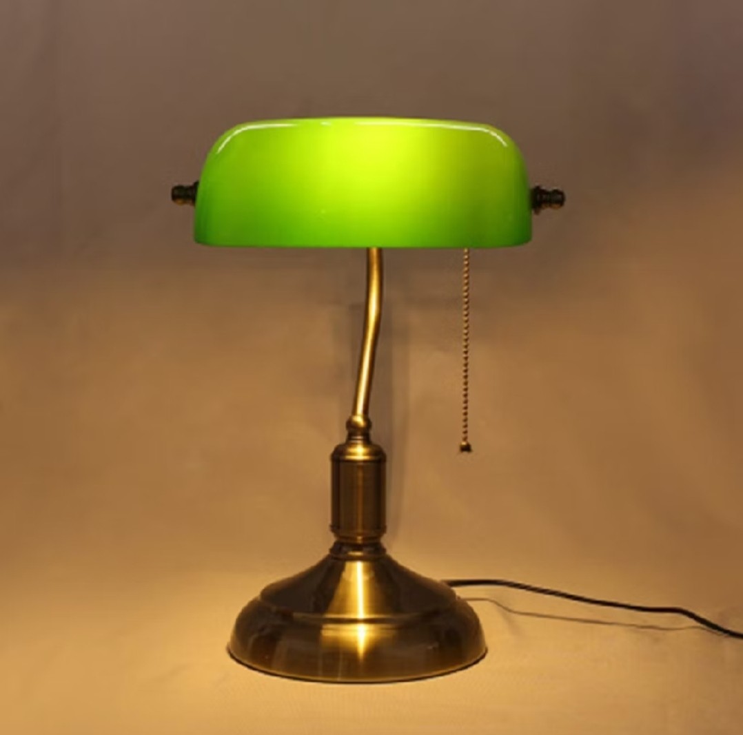 Vintage Bankers Desk Lamp Antique Style Emerald Green Glass Desk Light Fixture Satin Brass Finish Metal Beaded Pull Cord Switch Attached