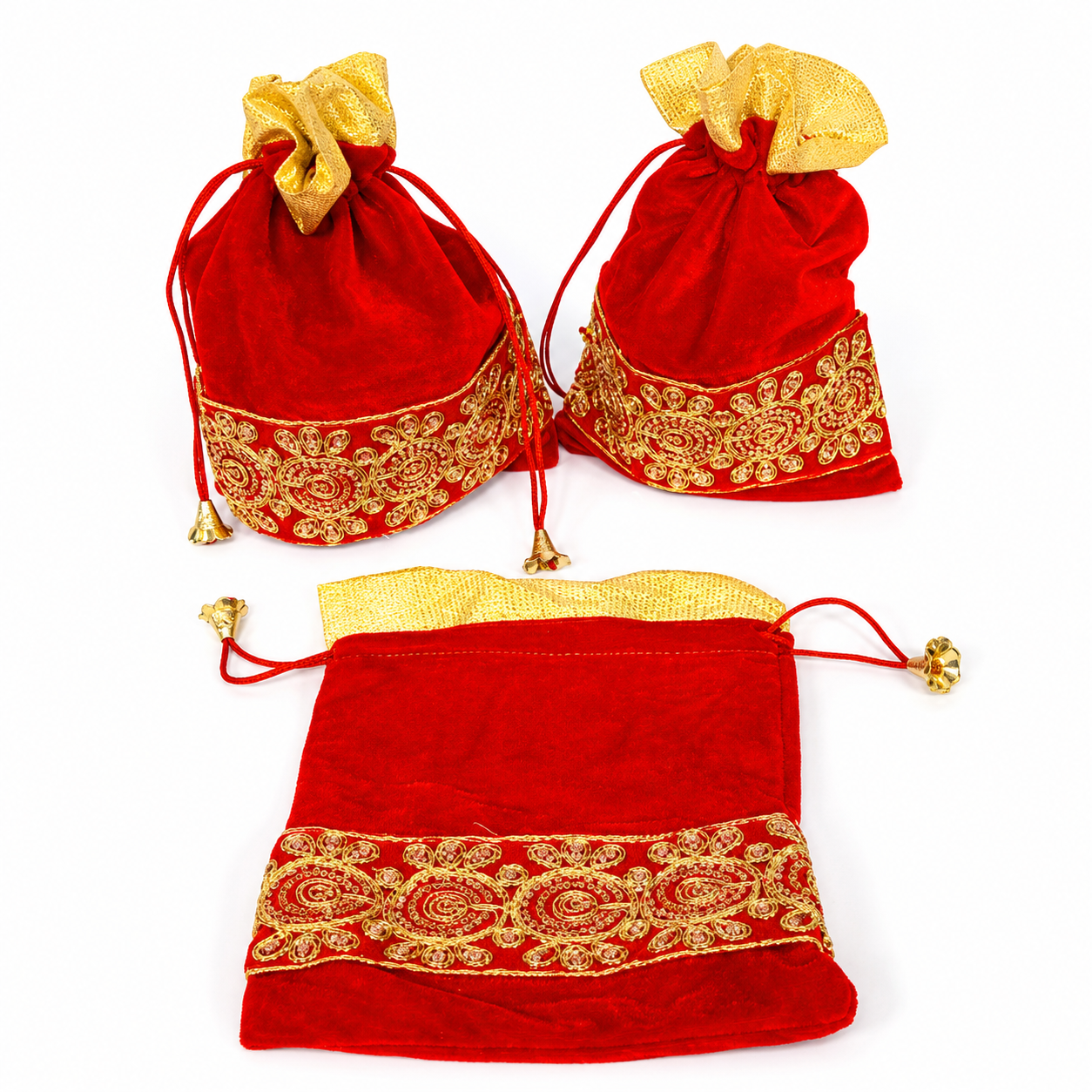 Premium Red Velvet Potli Bag with Golden Embroidery | Decorative Return Gift Pouch for Pooja Wedding Diwali Jewellery & Gift Packing (Pack of 1 Pc)
