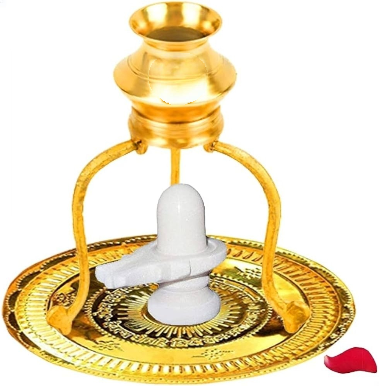 Ifusion Shivling Stand Abhishek Kalash Lota (Brass 5 Inch) Pooja Plate Thali (Brass 6 Inch) White Marble Stone Shiv Ling Idol (2.5 Inch) Set For Puja