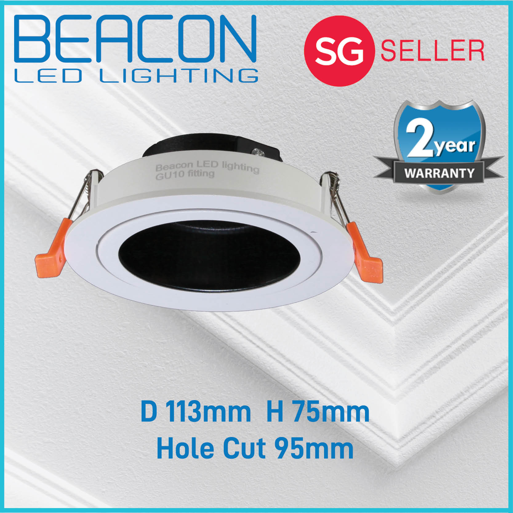 Beacon LED (Classic Colour Rim) Single Recessed Spotlight / Downlight - FRONT OPEN / Solid Aluminum - GU10 Replaceable Bulb - 2 years warranty LONGEST WARRANTY (Please refer to the images for colour selection)