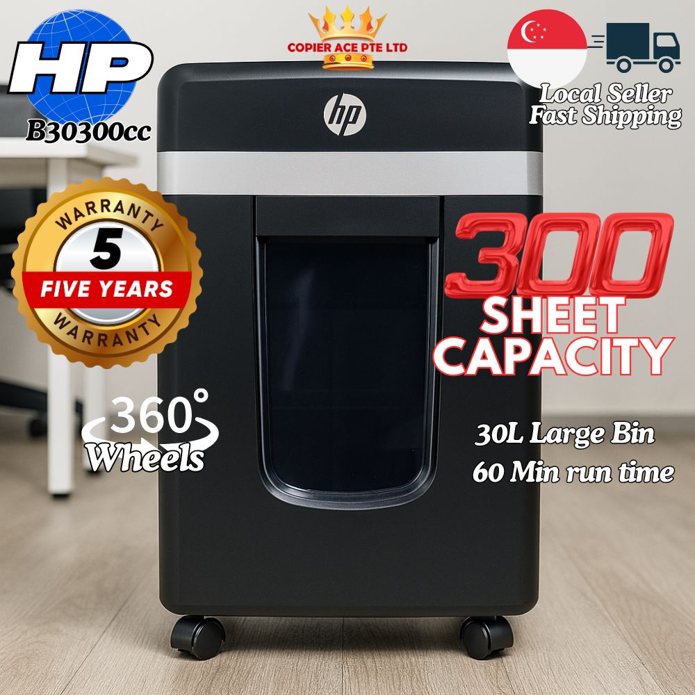HP B30300 High-Security Cross-Cut Paper/CD/Card Shredder with 300-Sheet Capacity and 30L Waste Bin - 5-Year Warranty