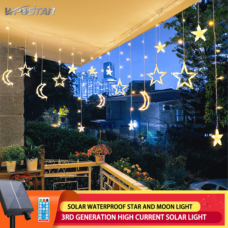 Solar Star Lights For Garden Decoration Garland Star String Light With Remote Control Solar LED Moon Star Curtain Light
