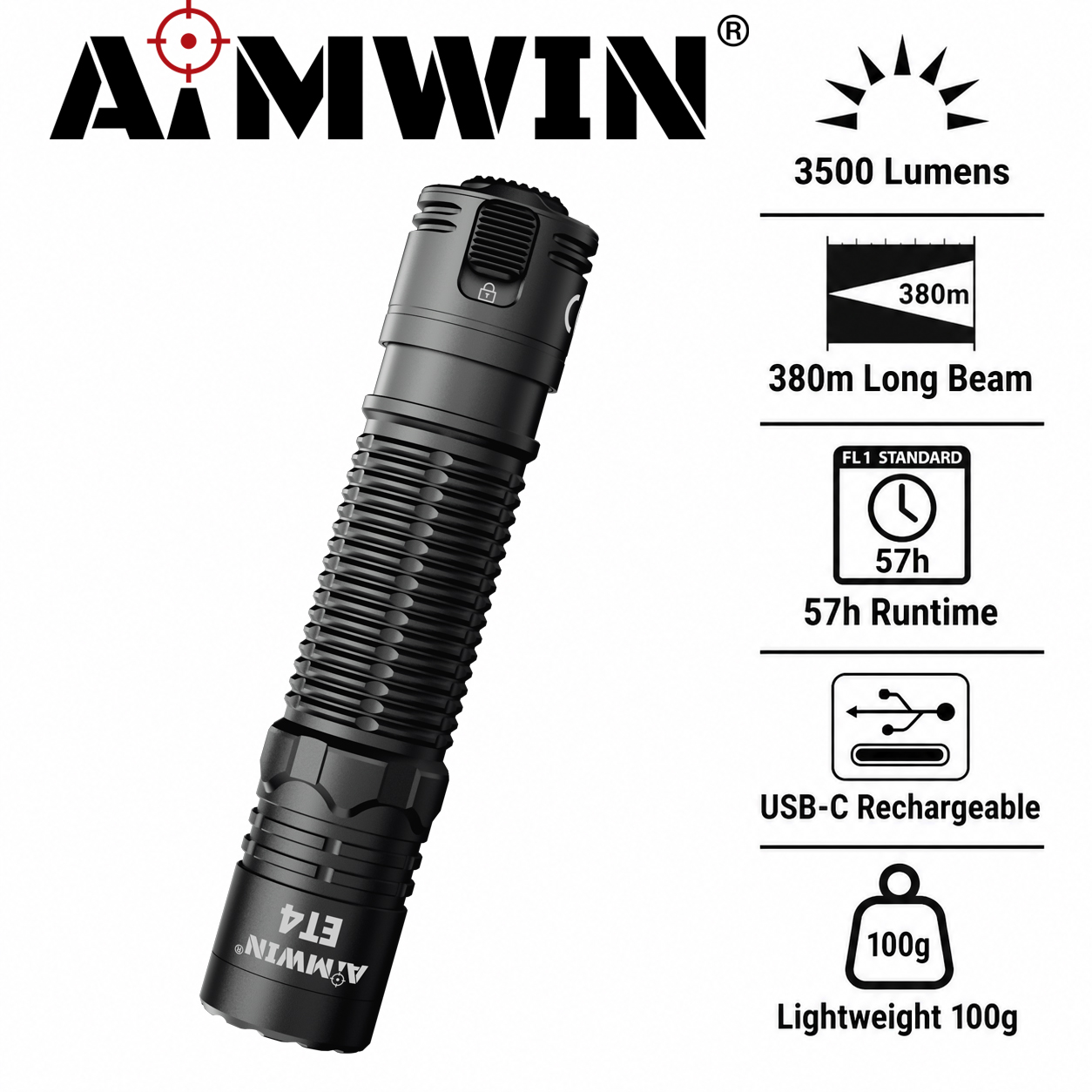 AIMWIN ET4 3500 Lumens Compact Tactical Flashlight USB-C Rechargeable LED Torch EDC Pocket Light 380m Long Beam IP68 Waterproof 3800mAh Battery Search Turbo Mode Outdoor Camping Hiking Emergency Work Light for Car Home Travel