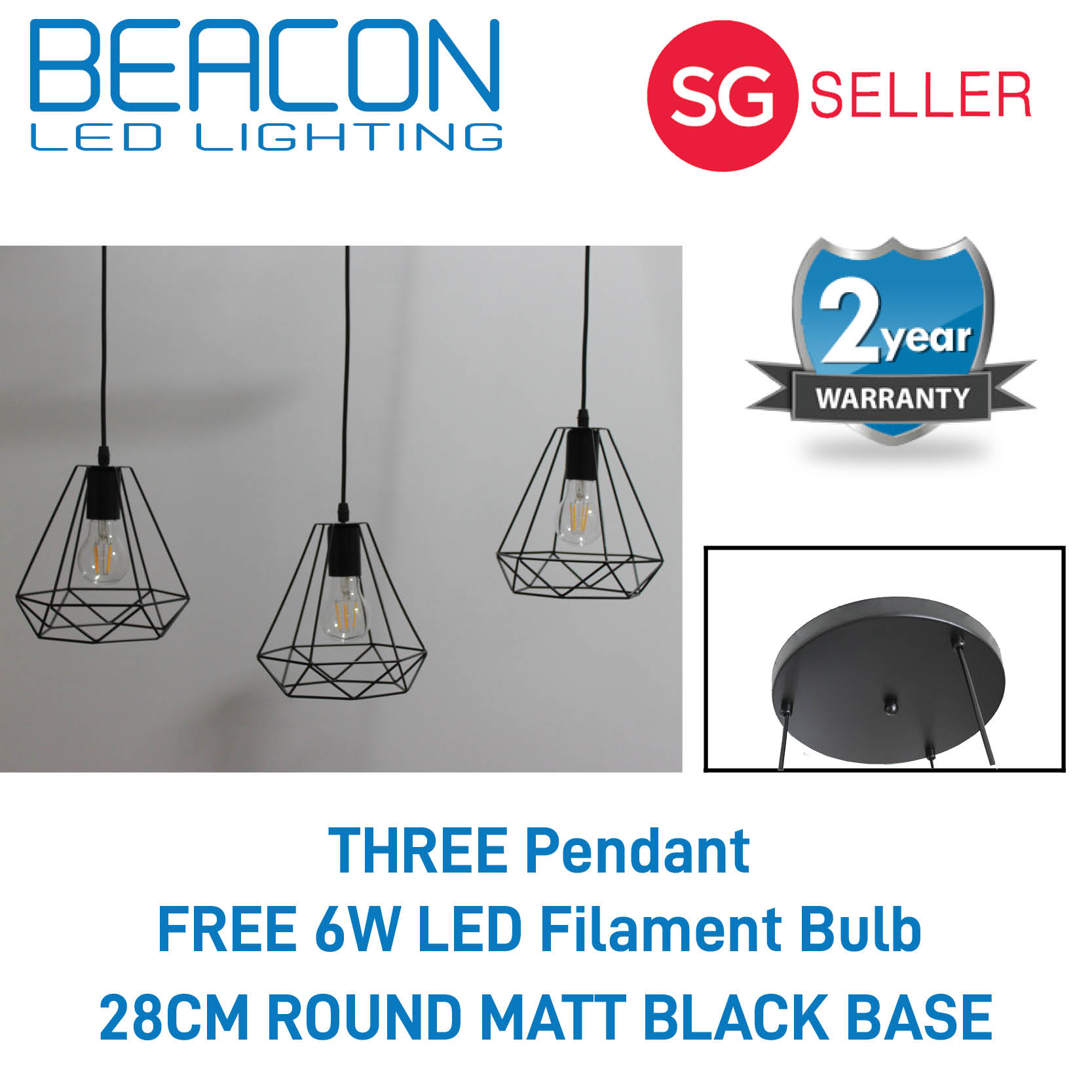 BEACON LED (LOCAL SELLER WITH WARRANTY) Metal Pendant Light - 20cm Small Diamond - Matt Black (Single/Three Head) - FREE 6W LED FILAMENT BULB