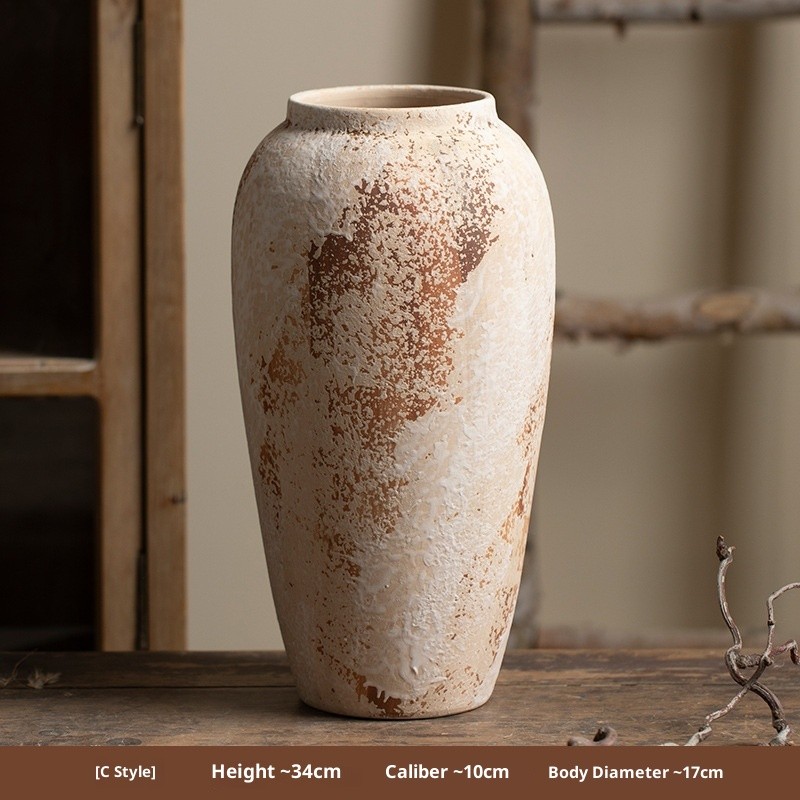 Povasa New Chinese Style Wabi-Sabi Decorative Piece Mottled Old Coarse Ceramic Jar Entrance TV Cabinet Flower Arrangement Ceramic Large Vase