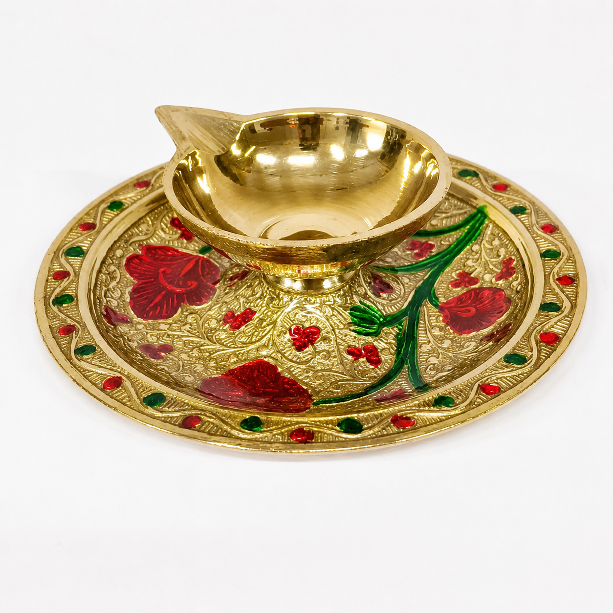 Handcrafted Brass Diya with Decorative Metal Plate | Traditional Pooja Room Oil Lamp | Festival Decor & Gift | Diya 2 Inch Plate 4 Inch(Pack of 1 Pc)