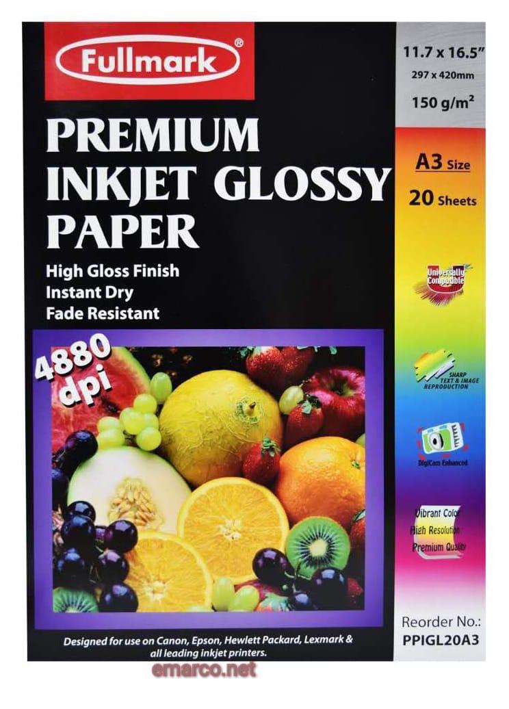 A3 size Inkjet printer Glossy photo Paper 29.7cm X 42cm each (1 Pack 20 sheets per pack) - for use on HP Canon Epson Lexmark and all leading inkjet printers