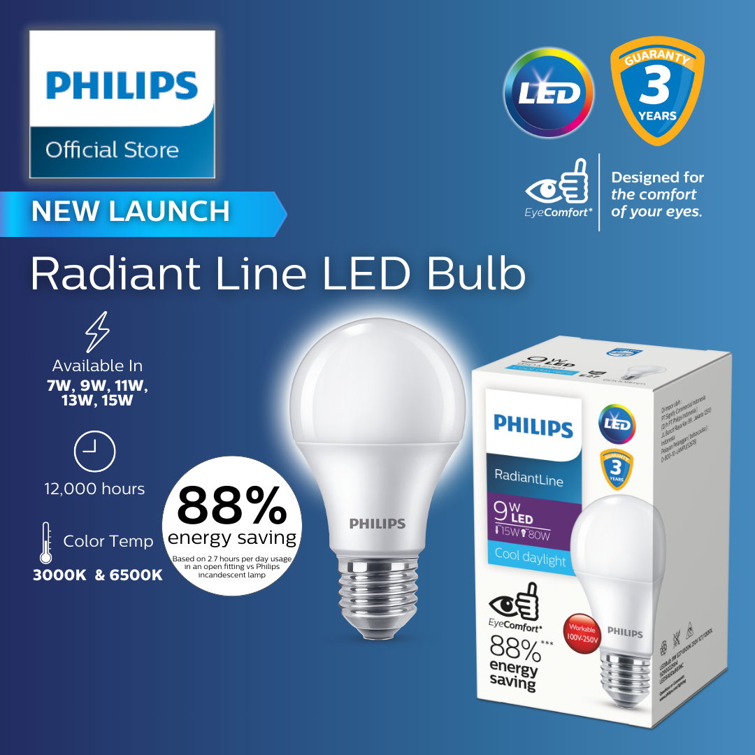 Philips Radiant Line LED Bulb E27 – Extra Brightness & Energy Saving | 3000K Warm 6500K