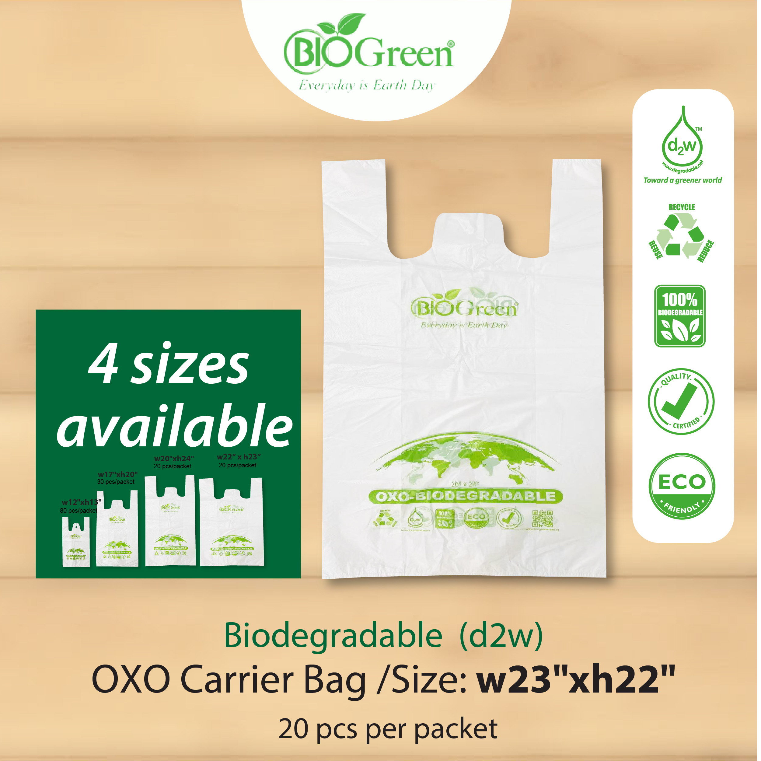 【 d2w 】Oxo Biodegradable Eco Friendly Disposable Carrier Bag Plastic Singlet Bag Available in 4 Sizes