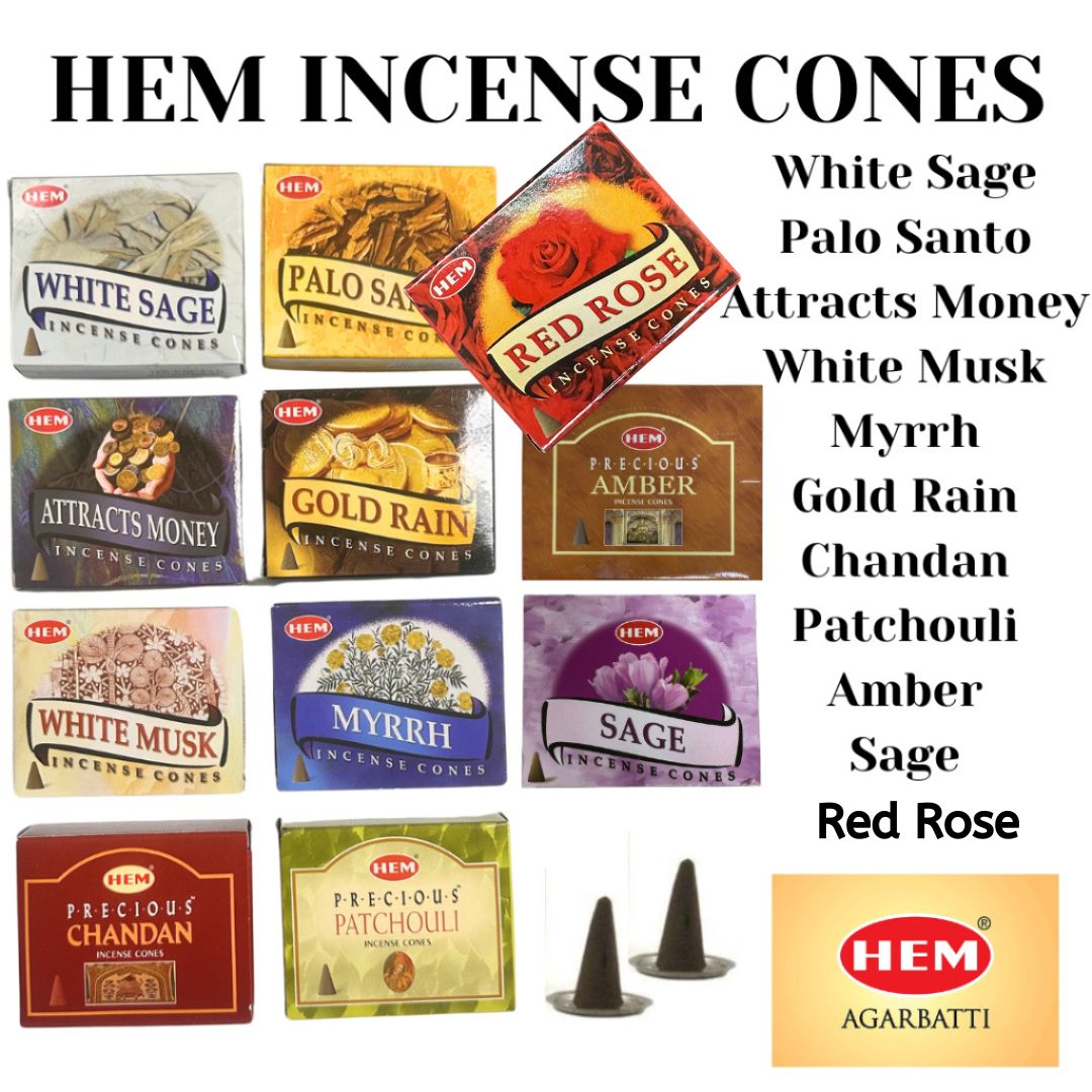 HEM Incense Cone Palo Santo White Sage White Musk Attract Money Myrrh Gold Rain Chandan Patchouli Amber Sage Red Rose
