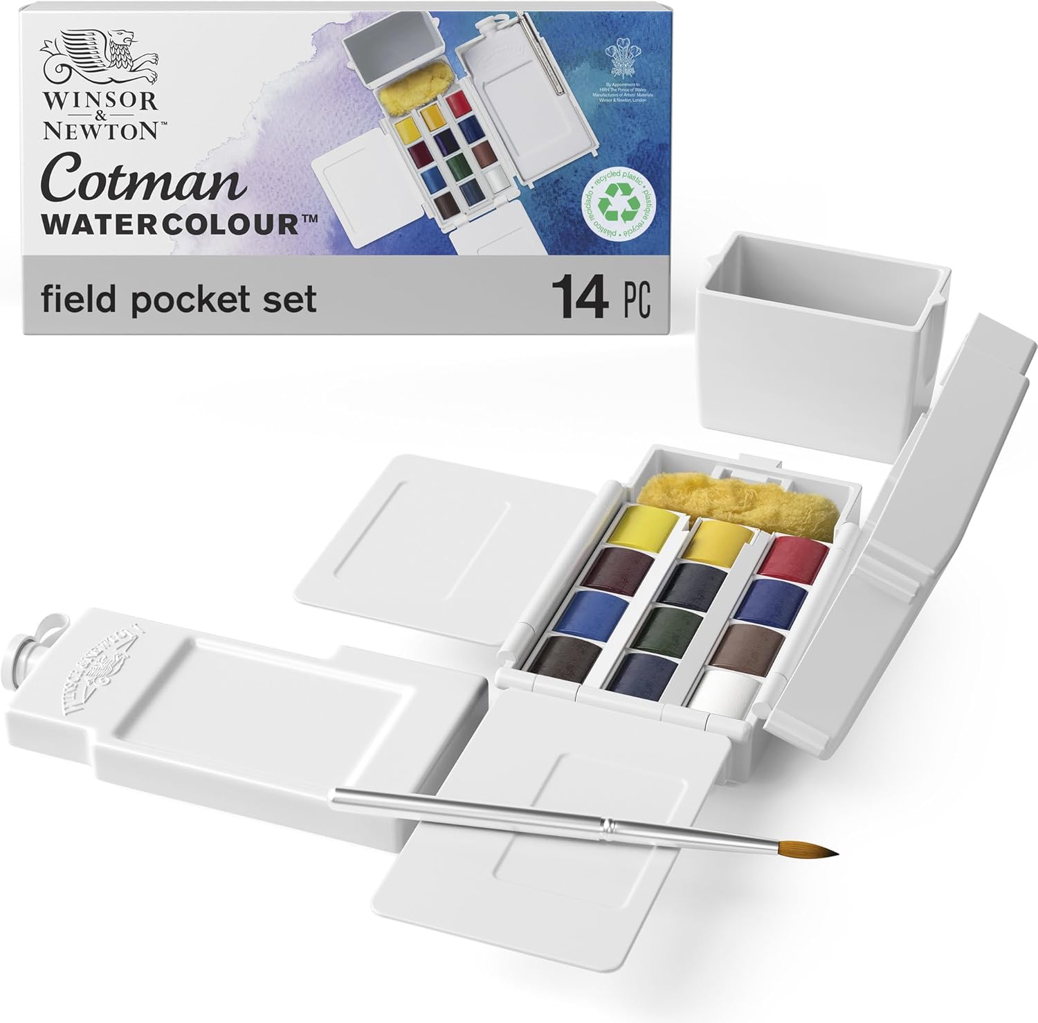 Winsor & Newton Cotman Watercolour Field Pocket Set 14 Piece Portable Paint Kit with Brush and Storage Box