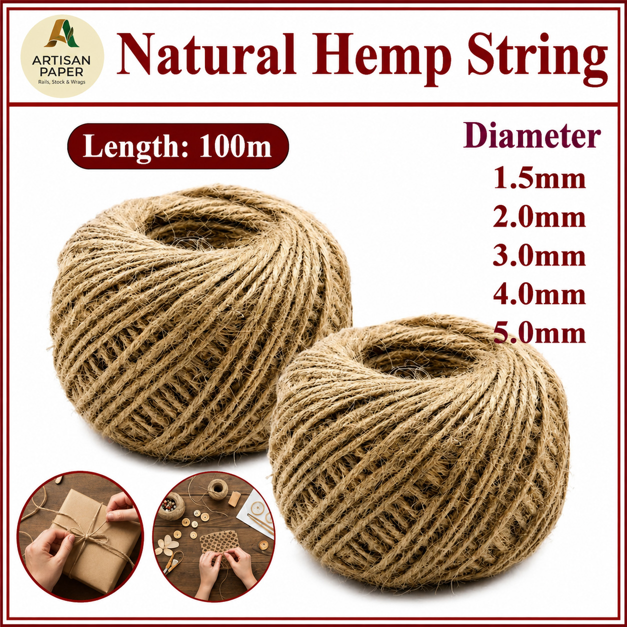 Natural Hemp String Rope 100m Length Jute Twine Cord For Rustic Gift Wrapping DIY Decoration Plant Hanging Craft Projects 1.5mm To 5.0mm Diameter Florist Supplies Gardening String Organic Macrame Cord Burlap Ribbon Thick Hemp Thread Packing