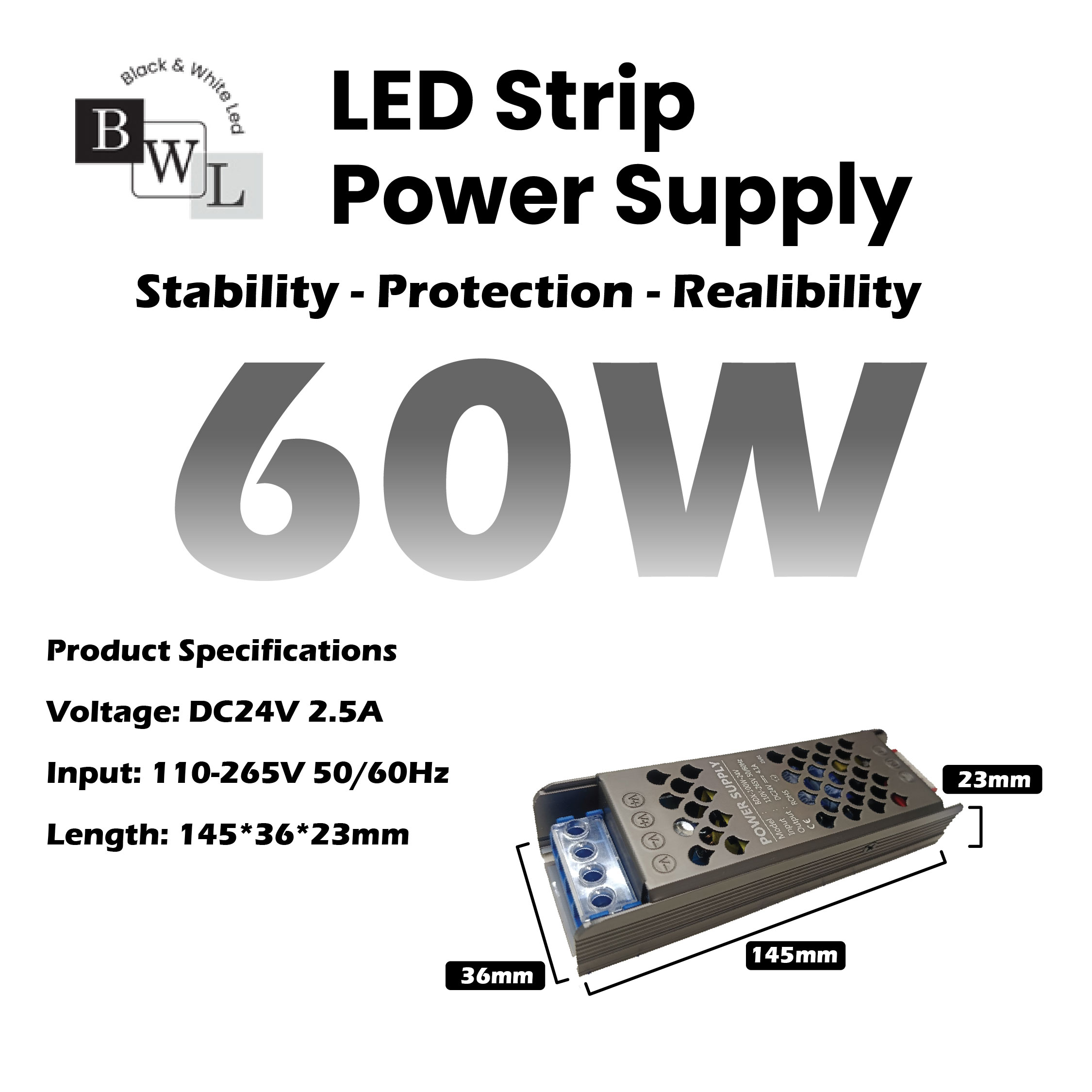 BWL LED 24V 60W 100W 200W Driver for 24V COB LED Strip Light