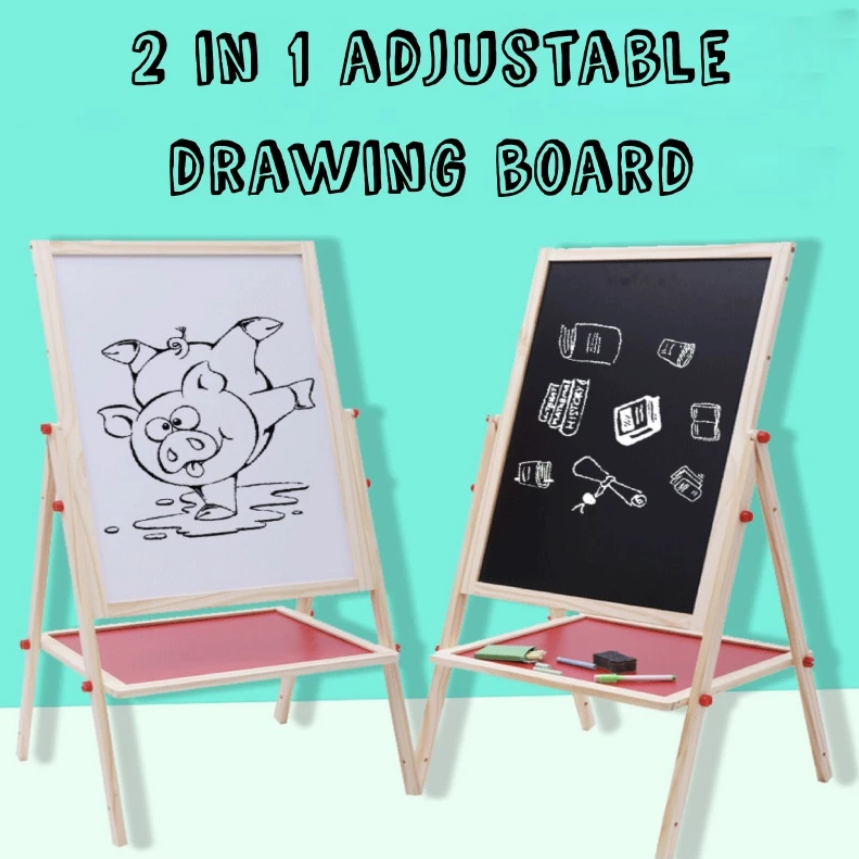 2 In 1 Wooden Blackboard Whiteboard Double Sided Adjustable Magnetic Drawing Writing Board Easel for Kids Drawing Board