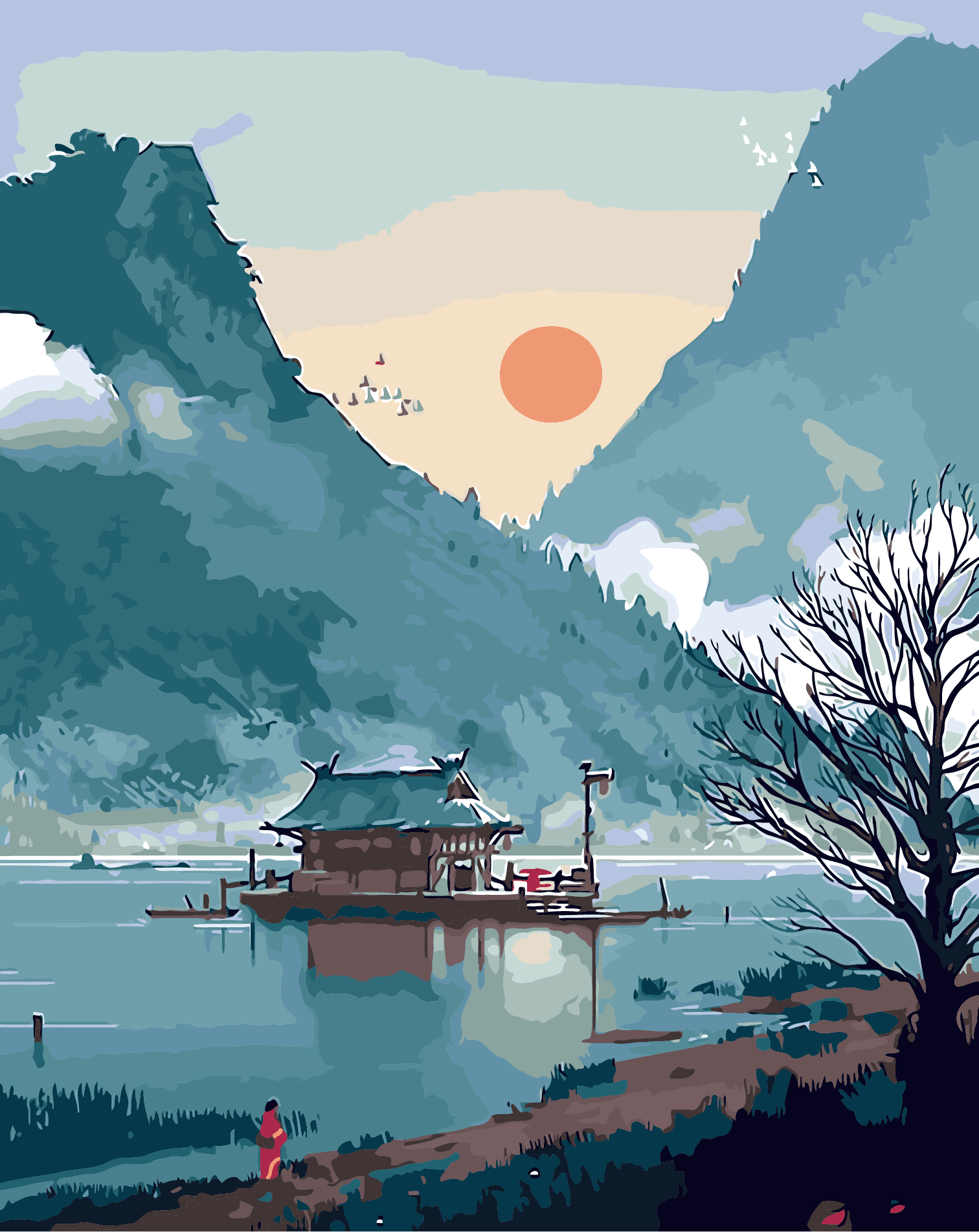 Framed Canvas 40x50cm Paint by Numbers Canvas Painting /Good Quality DIY Painting by number -Japanese Mountain