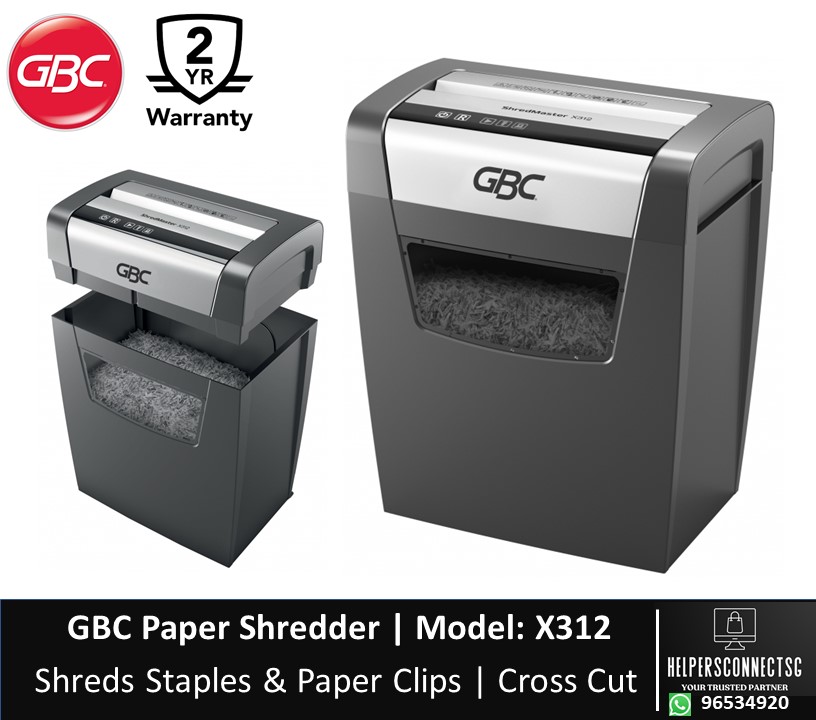 GBC X312 Shredder. Maximum 12-13 sheets of paper per pass. 23 litre bin holds up to 200 sheets. Easy lift off head for emptying. Safety Mark Approved. 1 Year Warranty
