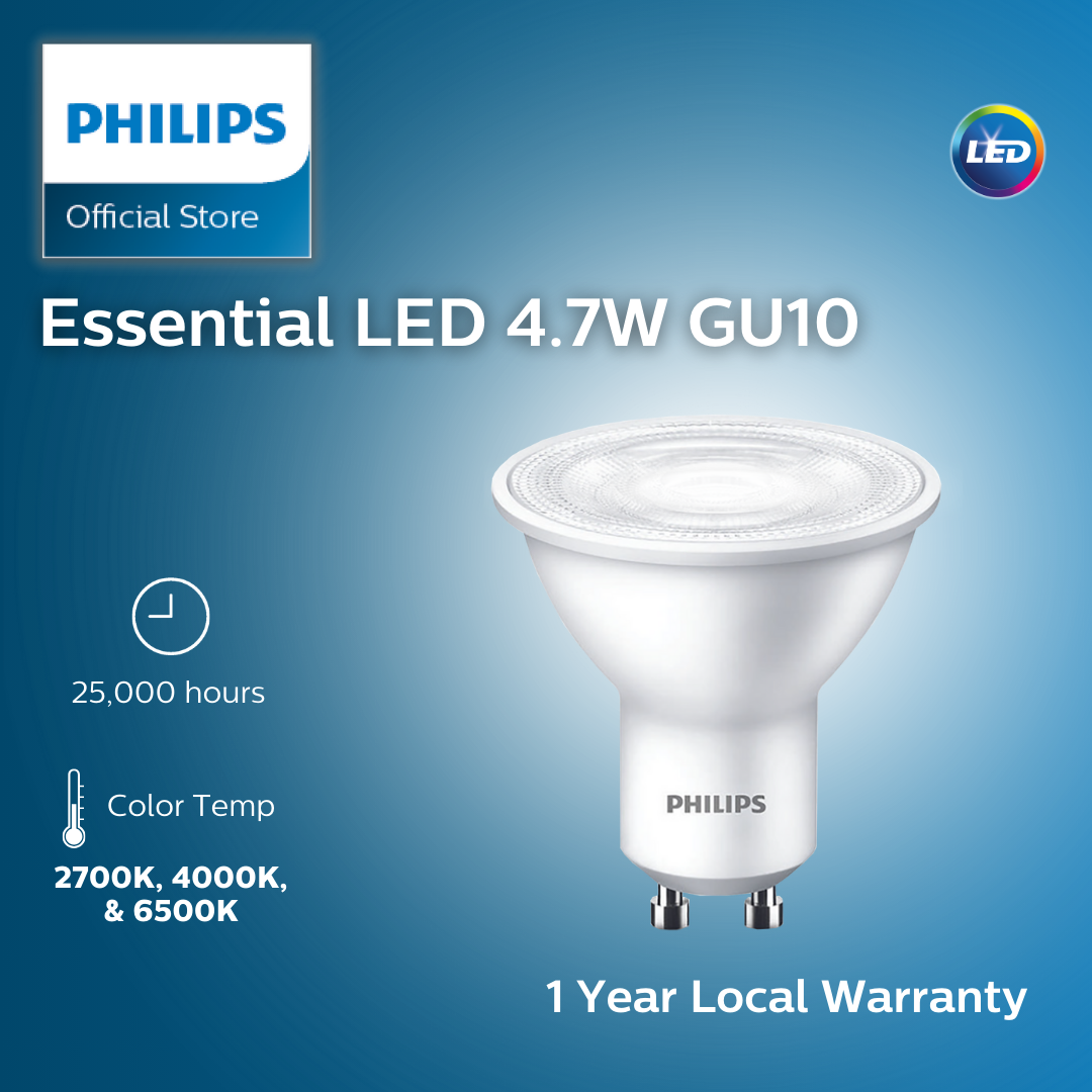 Philips Essential LED GU10 4.7W Spot Bulbs | 2700K Warm White 4000K Cool White 6500K Cool Daylight (1 Year Warranty)