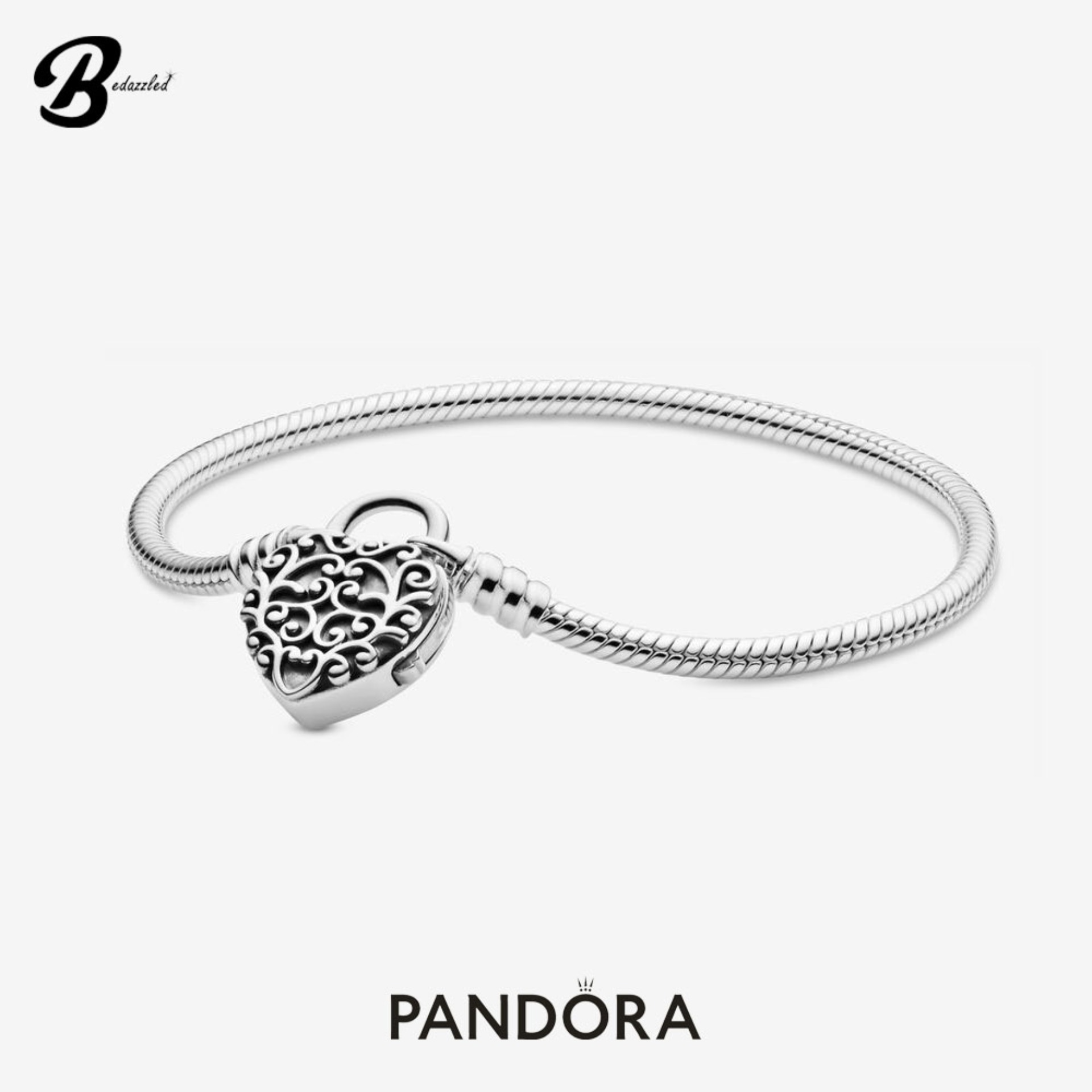 Pandora Moments Regal Heart Padlock Clasp Snake Chain Bracelet 597602