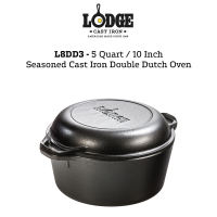 L8DD3 - Lodge 5 Quart / 10 Inch (4.73ℓ/25.4cm) Seasoned Cast Iron Double Dutch Oven Made in Tennessee USA