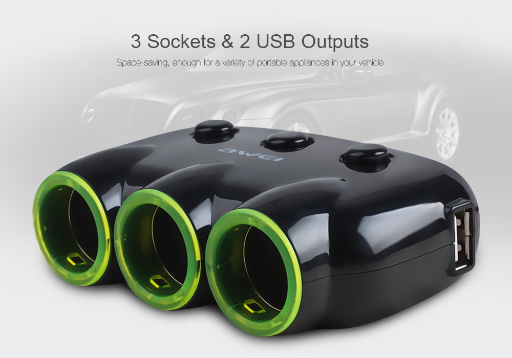 AWEI C-35 2 USB Ports 3 Sockets Car Cigarette Lighter  Car Power Adapter 3 in 1 120W 12-24V Independent Switch - Black