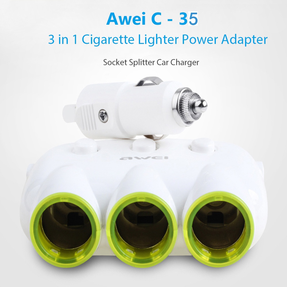 AWEI C-35 2 USB Ports 3 Sockets Car Cigarette Lighter  Car Power Adapter 3 in 1 120W 12-24V Independent Switch - Black