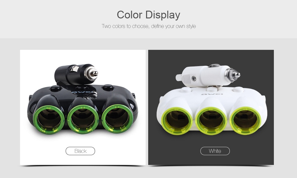 AWEI C-35 2 USB Ports 3 Sockets Car Cigarette Lighter  Car Power Adapter 3 in 1 120W 12-24V Independent Switch - Black