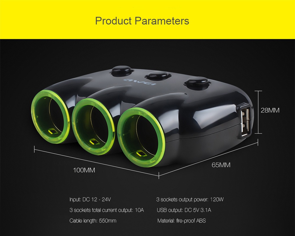 AWEI C-35 2 USB Ports 3 Sockets Car Cigarette Lighter  Car Power Adapter 3 in 1 120W 12-24V Independent Switch - Black